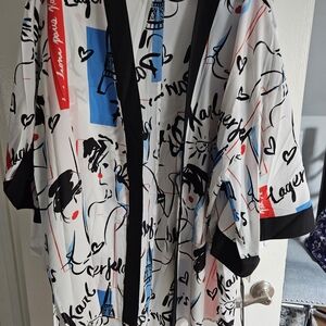 Graphic Parisian Print Kimono Jacket in White, Black, Red & Blue
